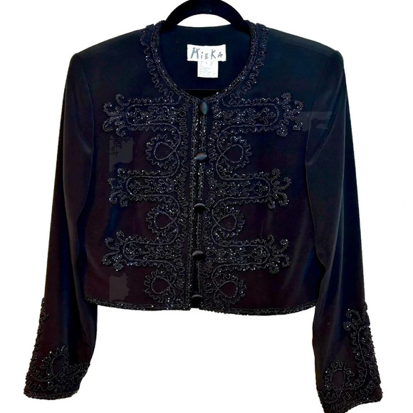 Mieka Black Beaded Embellished Cropped  Jewel Neck Evening Blazer Jacket Size 8 - Picture 1 of 16